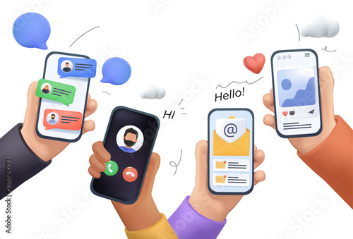 Young People use Smartphones and Surfing in Social Media. Boys and Girls Chatting, Watching Video, Liking Photos. Female and Male Characters Talking in Mobile App. 3D Cartoon Vector Illustration