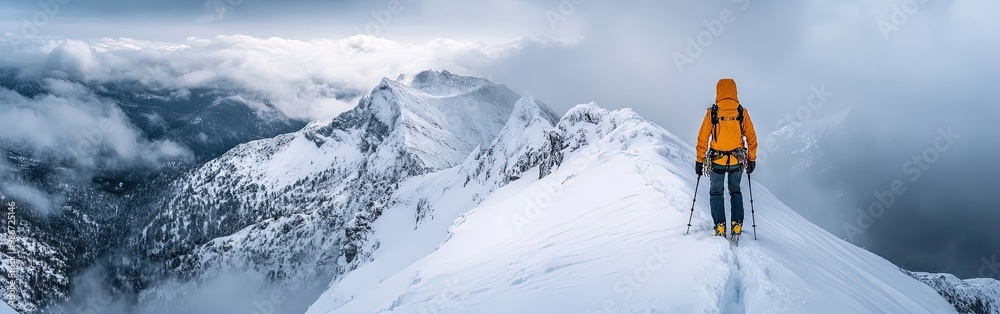 Hiker on snow-covered ridge surrounded by clouds, adventure and challenge Hiker on snow-covered ridge surrounded by clouds, adventure and challenge