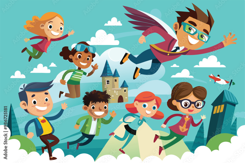 Children and a superhero joyfully fly through a colorful landscape with clouds and a castle, Customizable cartoon illustrations of people flying. Children and a superhero joyfully fly through a colorful landscape with clouds and a castle, Customizable cartoon illustrations of people flying.