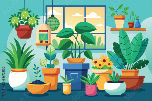 Colorful indoor plants are arranged creatively in a cozy room, showcasing various pot styles and sizes, Customizable cartoon illustrations of indoor plants.