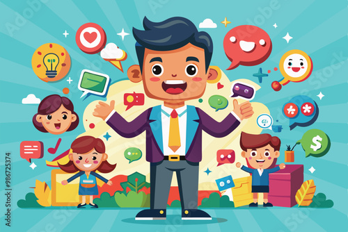 A cheerful character engages with children while surrounded by colorful speech bubbles and ideas, Customizable cartoon illustrations spread by word of mouth. photo