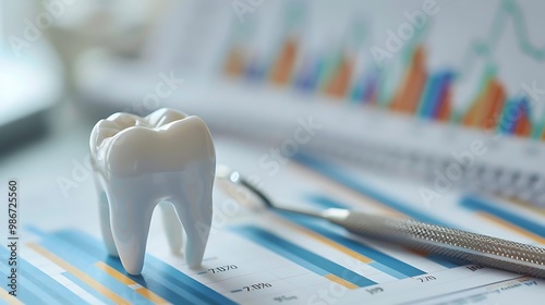 A dental model on a report with graphs, symbolizing oral health and statistics. photo