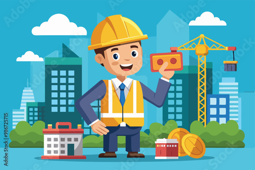 A happy construction worker holds a brick while surrounded by buildings and construction equipment, Customizable cartoon illustrations with construction costs.