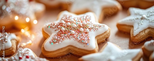 Delicious star-shaped cookies decorated with colorful icing and sprinkles, perfect for festive celebrations and holiday gatherings.