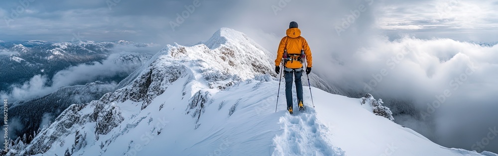 Hiker on snow-covered ridge surrounded by clouds, adventure and challenge Hiker on snow-covered ridge surrounded by clouds, adventure and challenge