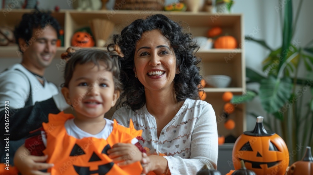 Family celebrating Halloween at home with mother and child in costume. Mother is of Asian descent, child is Asian, male. Halloween, spooky, haunted concept.