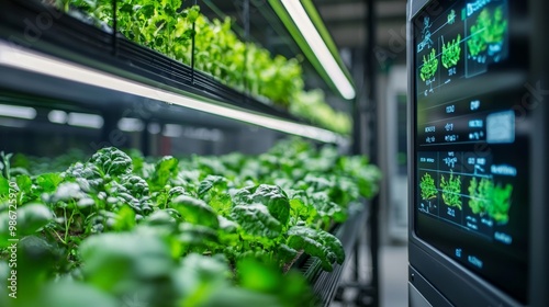 A close-up of a digital control panel in a smart farm, showing real-time data on crop growth and environmental conditions photo