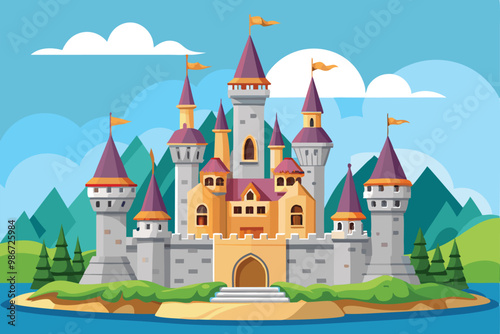 This illustration shows a colorful castle with turrets, flags, and greenery, evoking a fairytale vibe, Customizable castle illustration