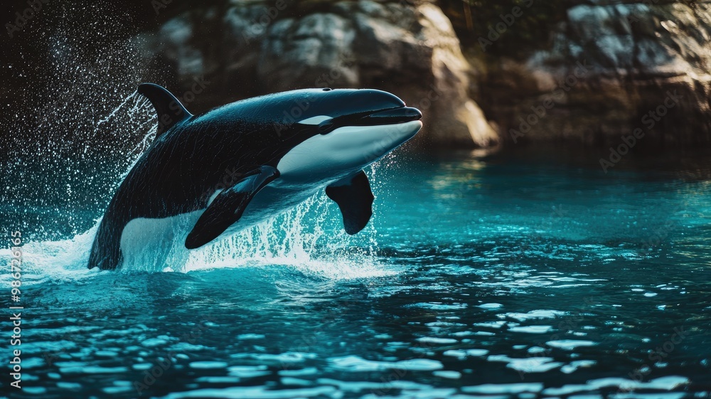 Fototapeta premium Orca whale breaching in turquoise water, surrounded by rock cliffs