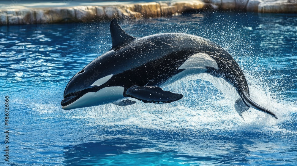 Fototapeta premium Orca dolphin leaping out of pool, displaying marine agility