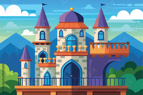 A vibrant castle illustration features a balcony with decorative elements against a mountain backdrop, Customizable flat illustration of a balcony castle