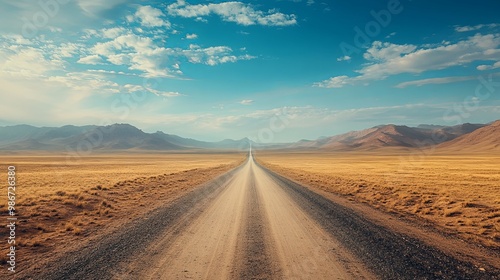 A long, straight dirt road leading through a vast, dry desert landscape under a blue sky with white clouds
