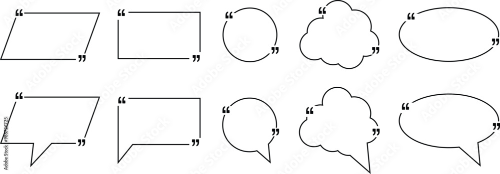 set of outline quote box frame design. text outline quote box template design. outline speech bubble design vector illustration.