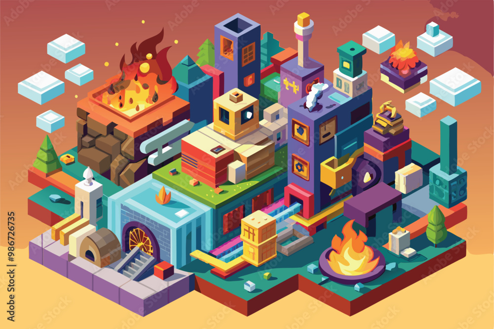 A vibrant isometric illustration showcases a chaotic urban landscape with customizable features, Customizable Chaos Isometric Illustration A vibrant isometric illustration showcases a chaotic urban landscape with customizable features, Customizable Chaos Isometric Illustration