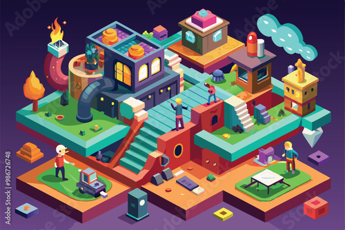 Colorful isometric landscape features diverse characters engaged in various activities across unique terrains, Customizable Chaos Isometric Illustration