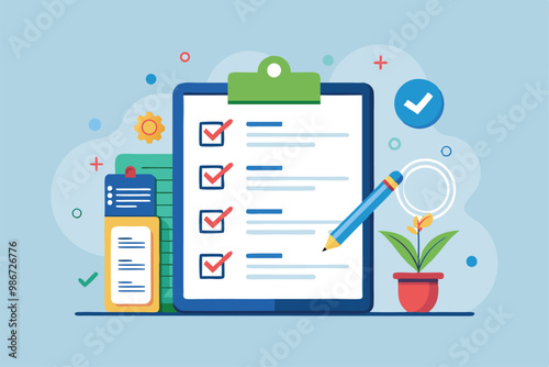 A colorful checklist illustrates personal goals, highlighting task completion and productivity tools, Customizable checklist for personal goals with a simple flat illustration.