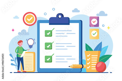 A person reviews a customizable checklist for personal goals in a contemporary workspace with vibrant colors, Customizable checklist for personal goals with isometric illustration.