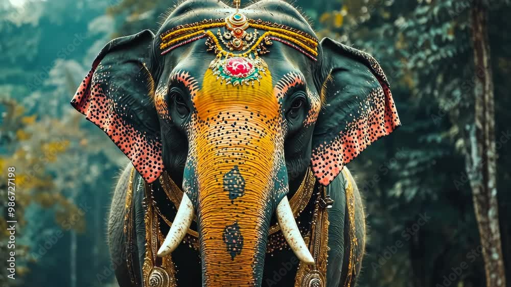 Majestic elephant adorned with traditional decorations walks through the jungle at sunrise in an Indian wildlife sanctuary Majestic elephant adorned with traditional decorations walks through the jungle at sunrise in an Indian wildlife sanctuary