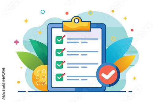 A vibrant checklist features colorful illustrations and checkmarks for organized task tracking, Customizable checklist with disproportionate illustration.