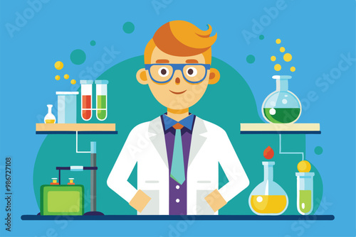 A chemist in a lab coat stands confidently among colorful flasks and beakers, showcasing scientific innovation, Customizable chemist illustration with semi-flat design.