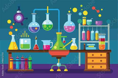 A lively chemistry lab features various colorful lab equipment and flasks arranged on a wooden table, Customizable Chemistry Lab Illustration