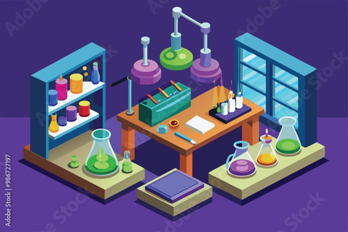 A vibrant chemistry lab features colorful beakers and flasks arranged around a central work table for experiments, Customizable chemistry lab illustration in isometric style.