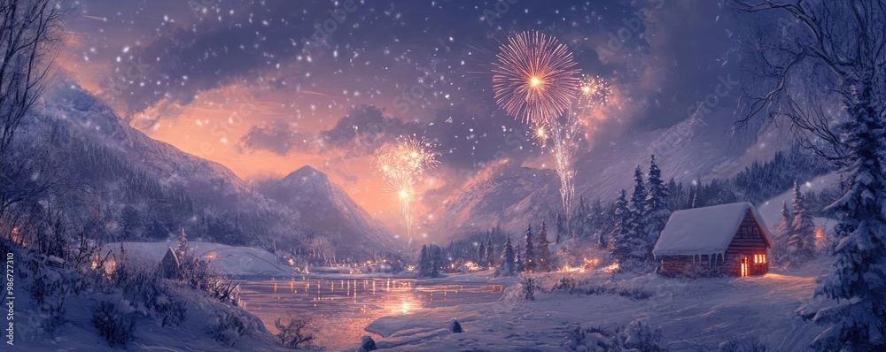 A serene winter landscape with a cozy cabin, reflecting fireworks over a snowy lake amidst majestic mountains. A serene winter landscape with a cozy cabin, reflecting fireworks over a snowy lake amidst majestic mountains.