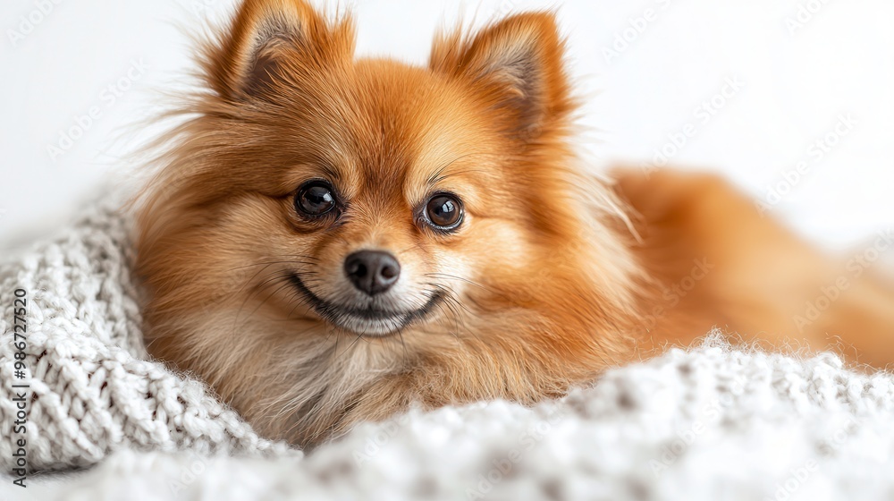 Cheerful Pomeranian on Soft Blanket Cheerful Pomeranian on Soft Blanket