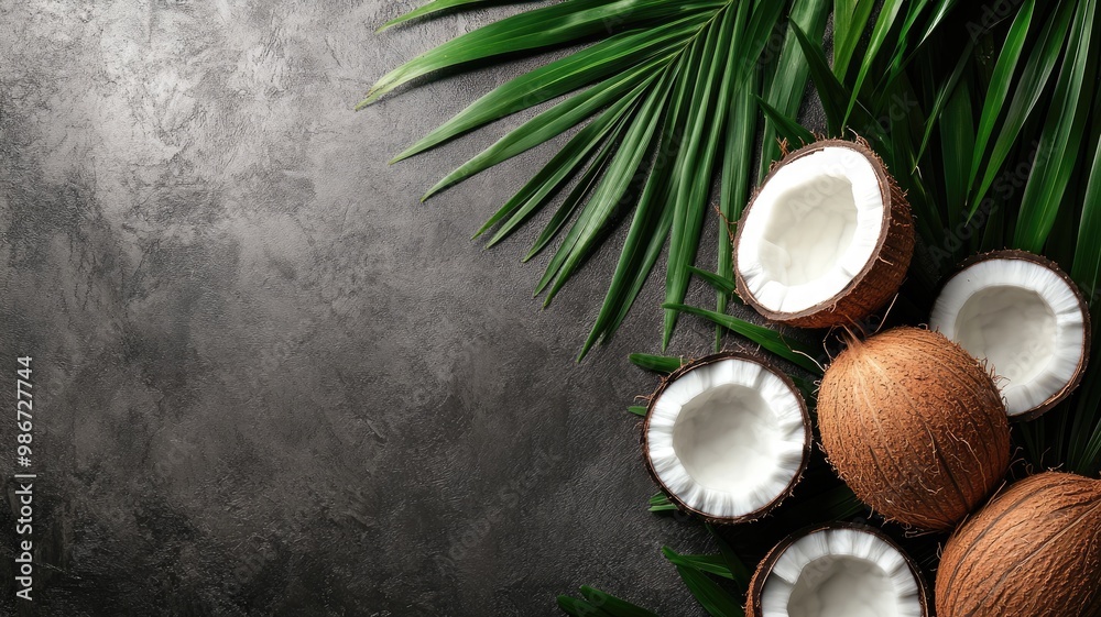 Fresh coconuts and palm leaves on dark textured background Fresh coconuts and palm leaves on dark textured background