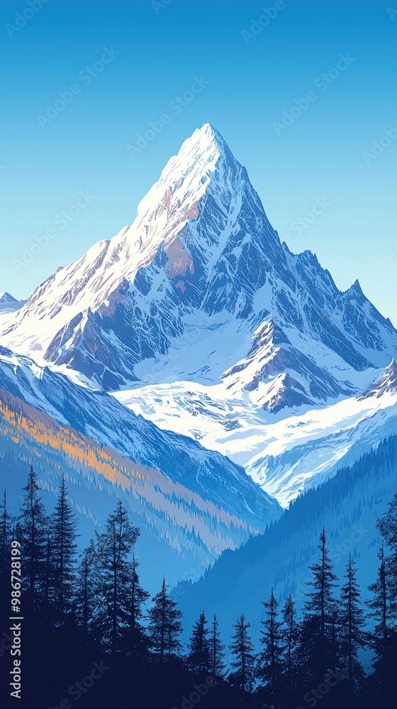 Snow-capped mountain peaks with pine forest, landscape illustration Snow-capped mountain peaks with pine forest, landscape illustration