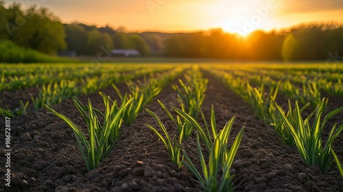 Rows of Green Plants Emerging From Dark Soil at Sunset