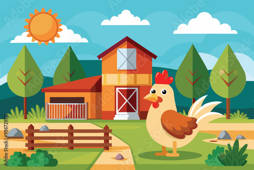 A cheerful chicken stands outside a cozy farm house surrounded by lush trees and a sunny sky, Customizable chicken farm illustration that is disproportionate.