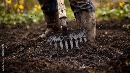A close-up of a farmer using a broadfork to mix biochar into the topsoil, improving soil aeration and moisture retention
