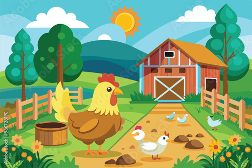 A cheerful illustration of a chicken farm featuring a big chicken, chicks, and a colorful barn by the hills, Customizable chicken farm illustration