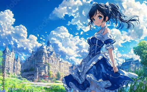 A moe anime character, a beautiful female in a blue and white Victorian-style dress outfit with a navy blue hair ponytail hairstyle