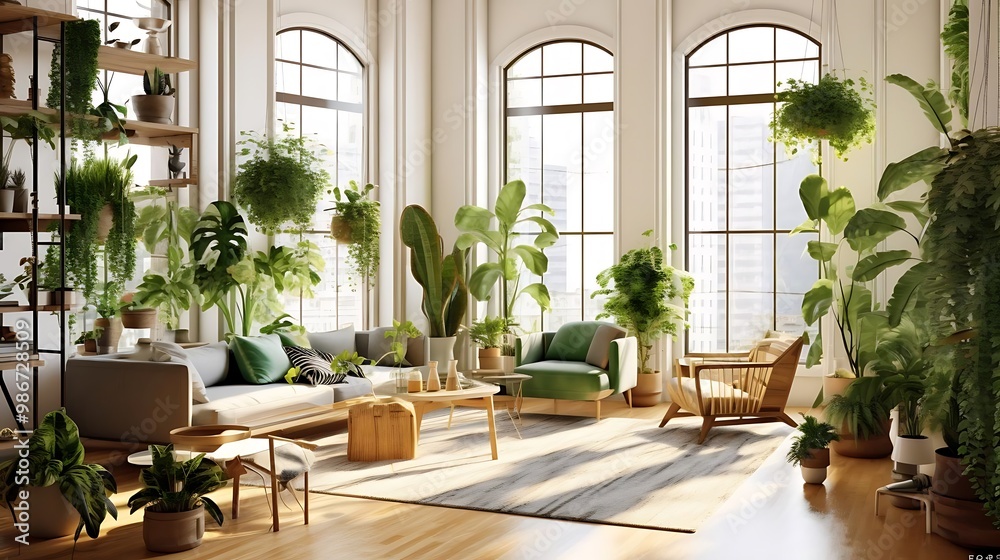 A bright, modern living room filled with various indoor plants and natural light. A bright, modern living room filled with various indoor plants and natural light.