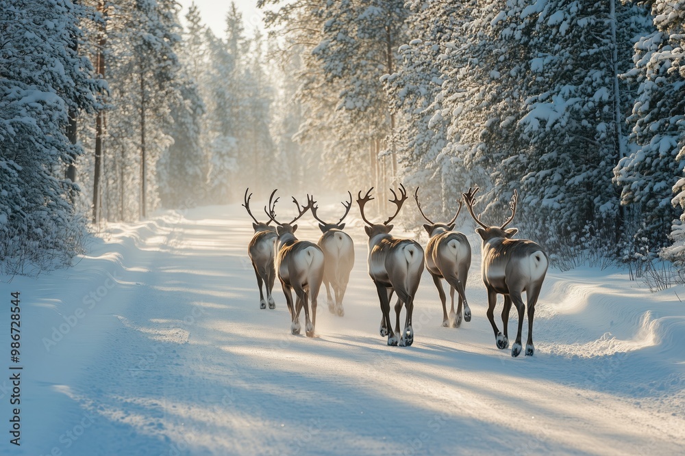 A group of reindeer strolls along a snowy road A group of reindeer strolls along a snowy road
