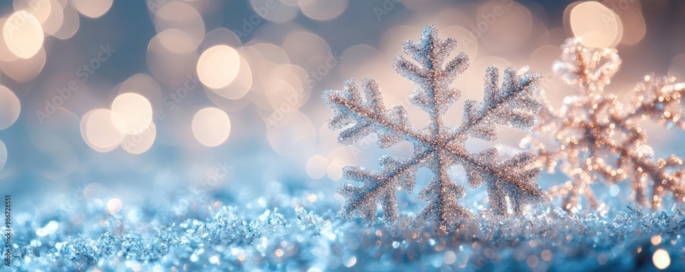 A serene winter scene featuring sparkling snowflakes on a bed of soft snow, with gentle bokeh lights creating a magical atmosphere. A serene winter scene featuring sparkling snowflakes on a bed of soft snow, with gentle bokeh lights creating a magical atmosphere.