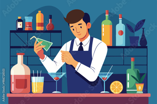 A bartender prepares creative cocktails at a vibrant bar, showcasing skill and various ingredients, Customizable cocktail bartender illustration