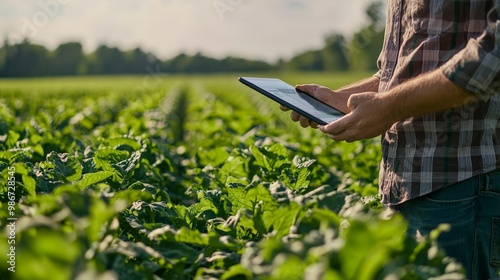 A close-up of a farmer using a tablet to monitor real-time crop data in the middle of a vast field photo