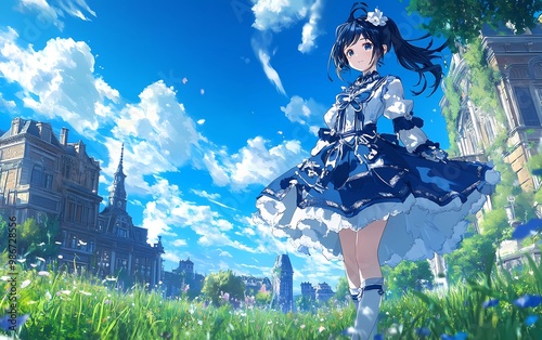A moe anime character, a beautiful female in a blue and white Victorian-style dress outfit with a navy blue hair ponytail hairstyle