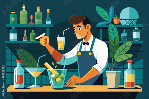 A bartender mixes drinks with skill at a lively bar, showcasing colorful cocktails and ingredients, Customizable cocktail bartender illustration