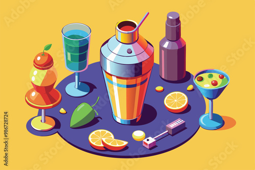 An artistic depiction of a customizable cocktail shaker surrounded by colorful drinks and garnishes, Customizable cocktail shaker illustration in isometric style.
