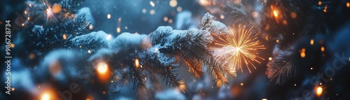 A dreamy winter scene featuring snow-covered branches and twinkling lights, perfect for evoking holiday spirit and warmth.