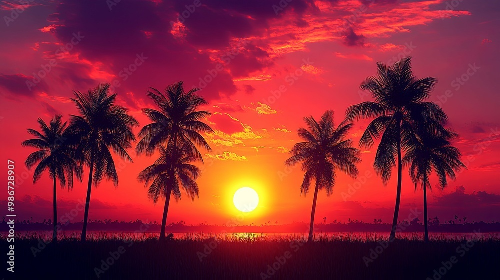 Silhouette of Palm Trees at Sunset Over Water Silhouette of Palm Trees at Sunset Over Water