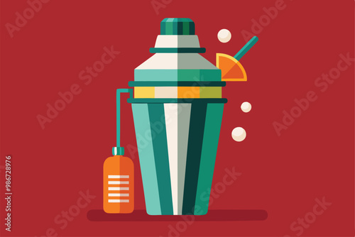 This customizable cocktail shaker features a vibrant design, perfect for stylish home bartenders, Customizable cocktail shaker with semi-flat illustration.