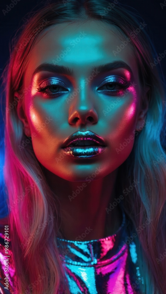 Fototapeta premium Woman in futuristic reflective clothing with dramatic makeup and neon-lit background