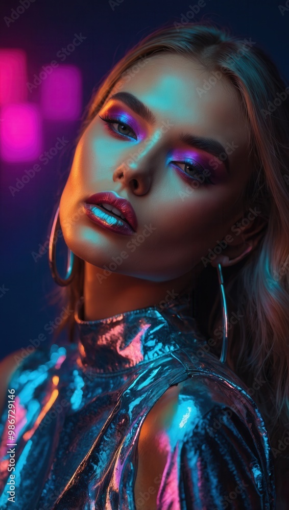 Woman in metallic outfit with bold purple-blue makeup and neon nightclub ambiance Woman in metallic outfit with bold purple-blue makeup and neon nightclub ambiance