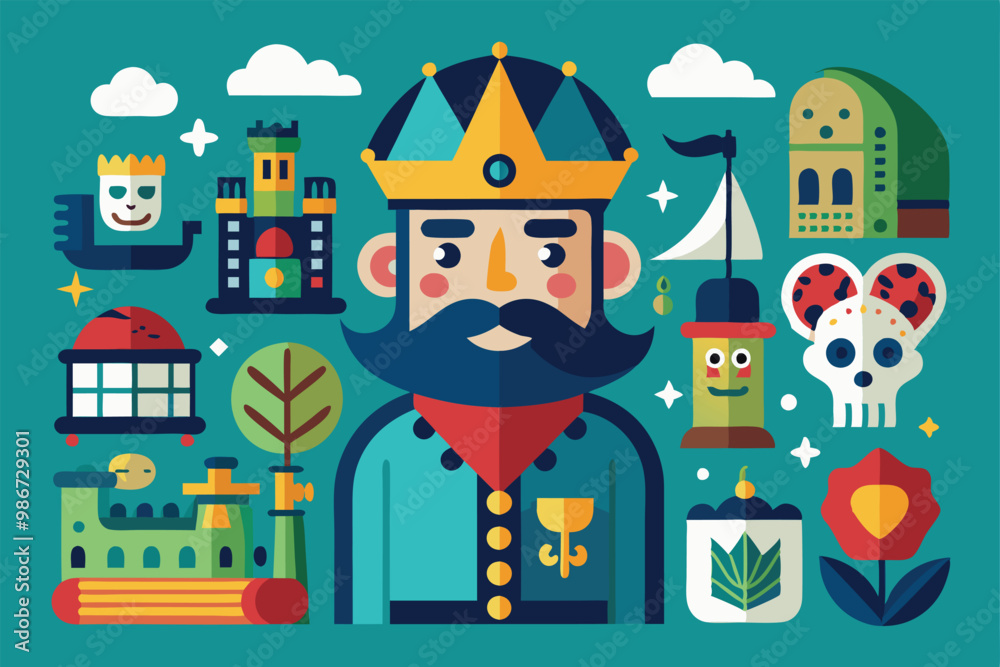 Naklejka premium A vibrant illustration showcases a king surrounded by charming castles, plants, and whimsical icons, Customizable Collection with Disproportionate Illustration