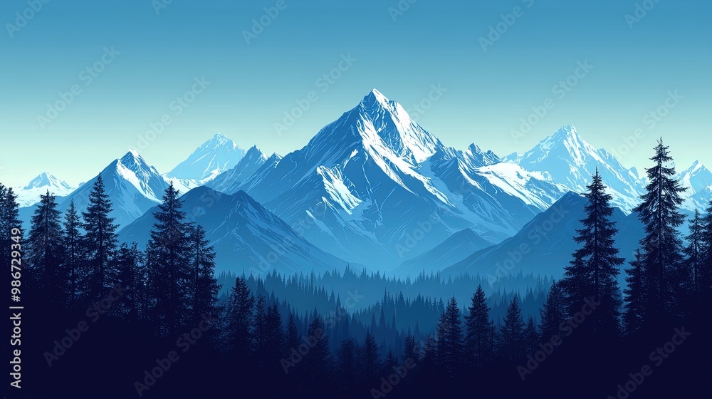 Snow-capped mountain peaks with pine forest, landscape illustration Snow-capped mountain peaks with pine forest, landscape illustration